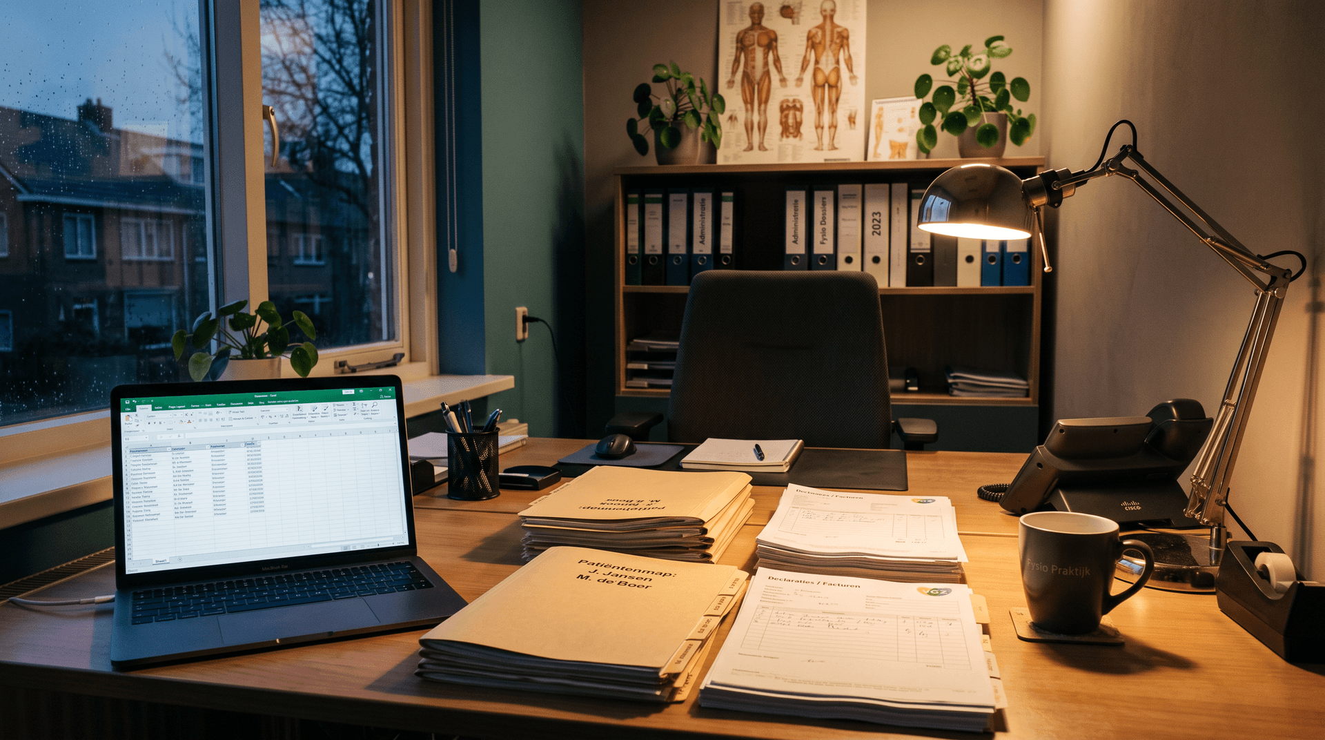 Bureau in de achterkamer van een fysiotherapiepraktijk met stapels declaratieformulieren en een laptop