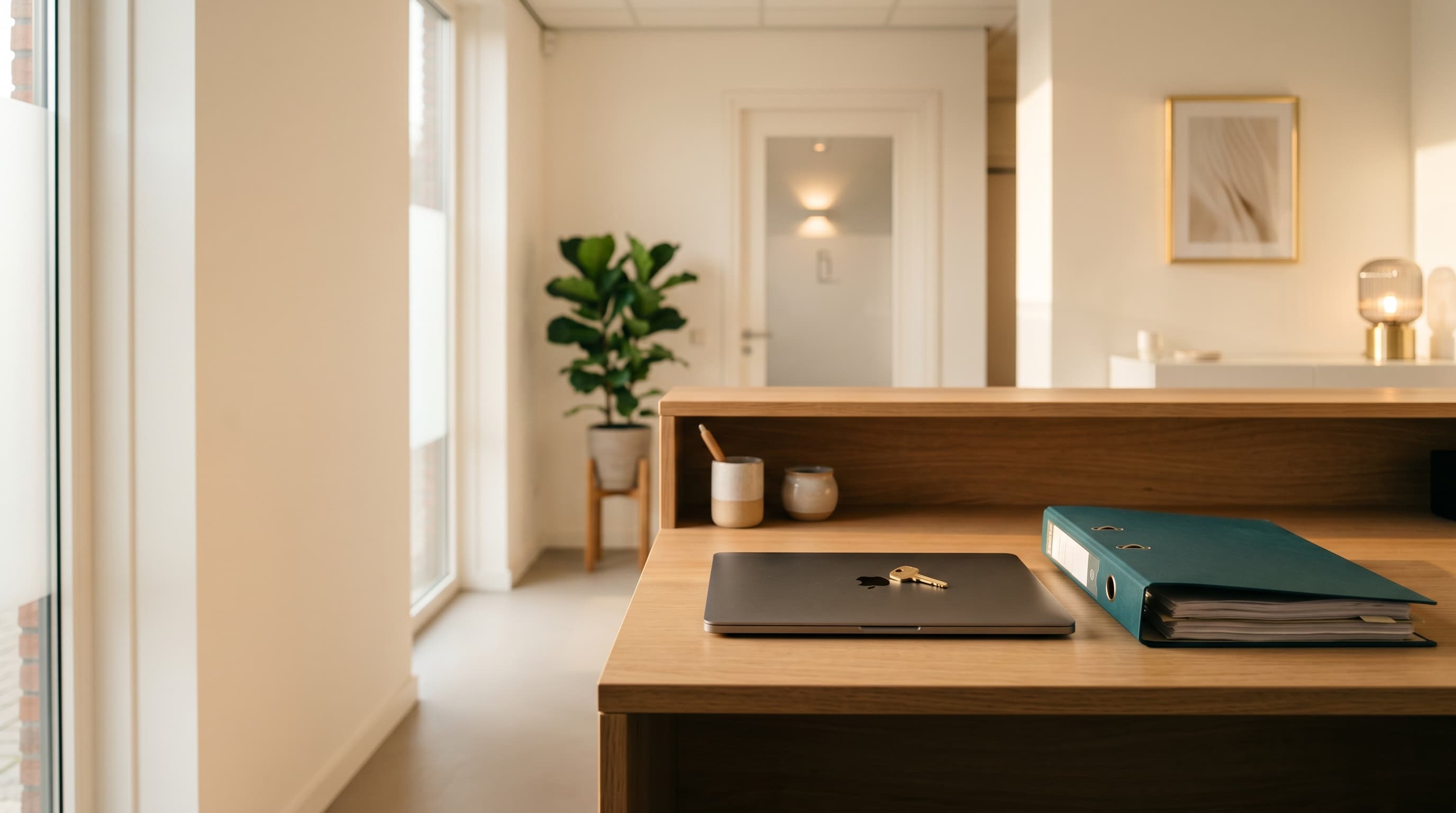 Afgesloten laptop met sleutel en patiëntendossier-map op een receptiebalie in een fysiotherapiepraktijk