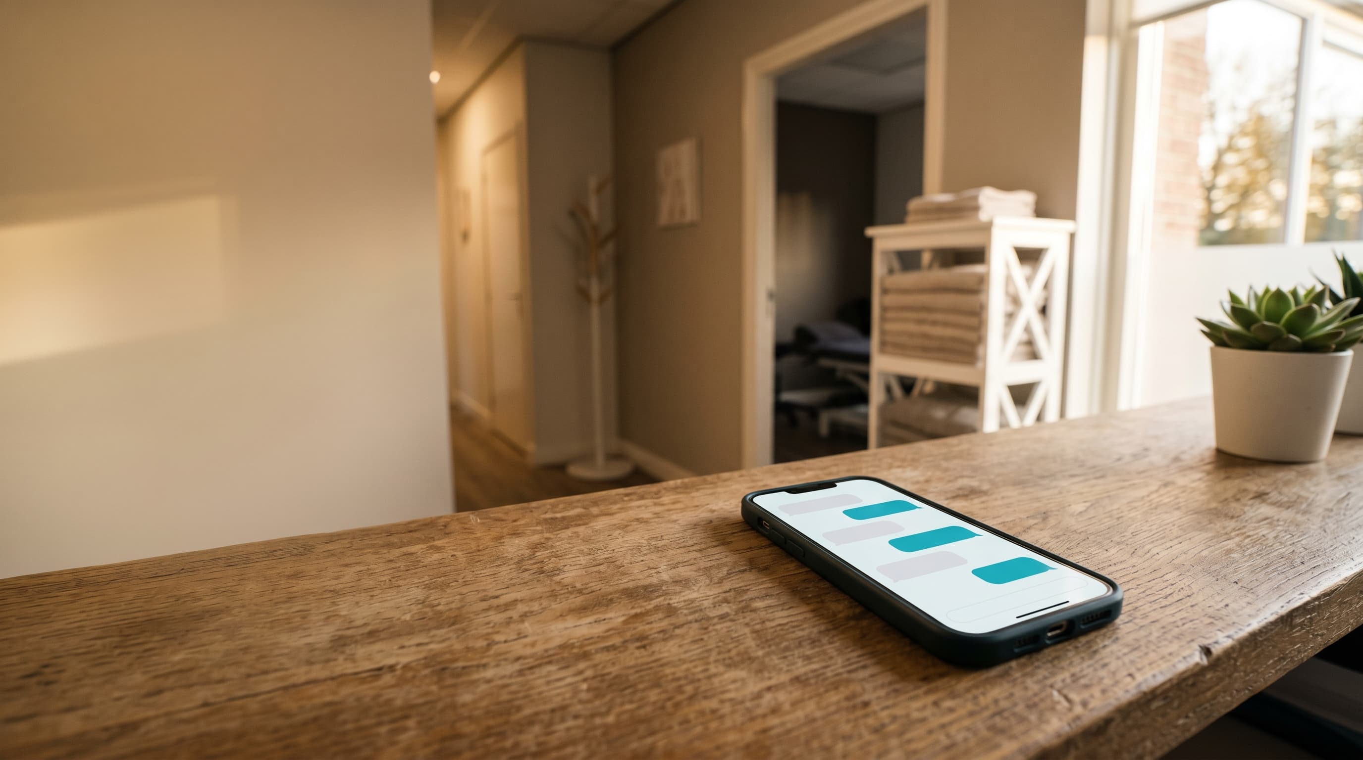 Smartphone met chatbot-interface op de balie van een Nederlandse fysiotherapiepraktijk
