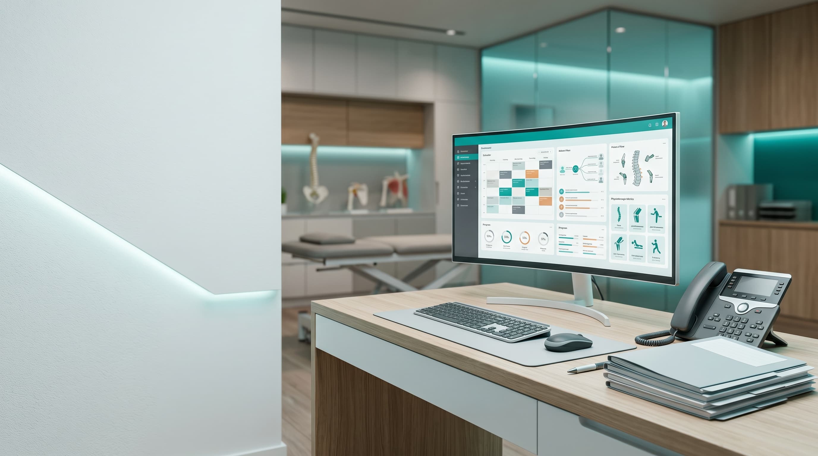 Modern dashboard met agenda en patiëntkaarten op een beeldscherm in een fysiopraktijk