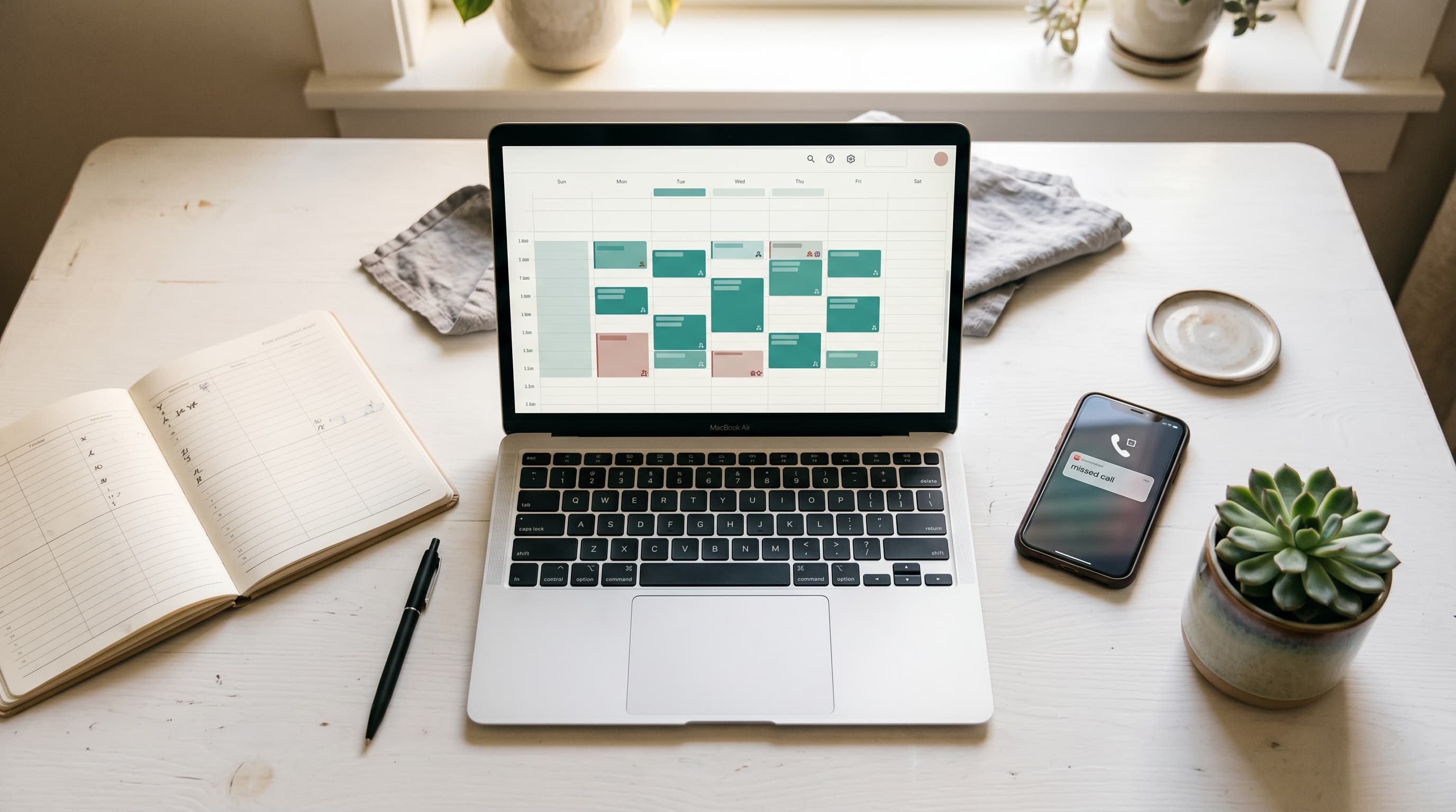 Laptop met agenda-software op een bureau naast een telefoon en notitieboek