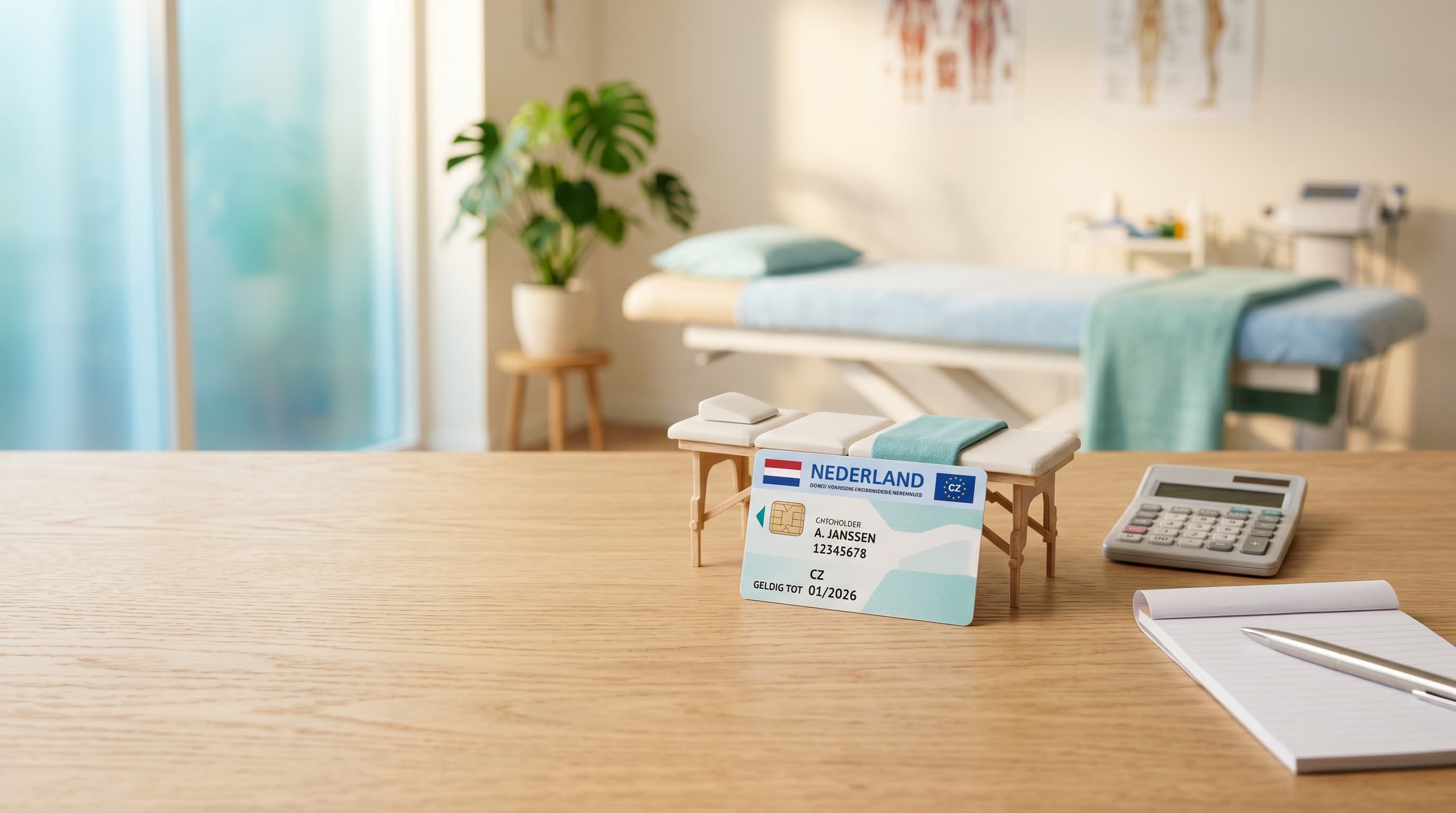 Nederlandse zorgpas naast een behandeltafel met calculator en notitieblok