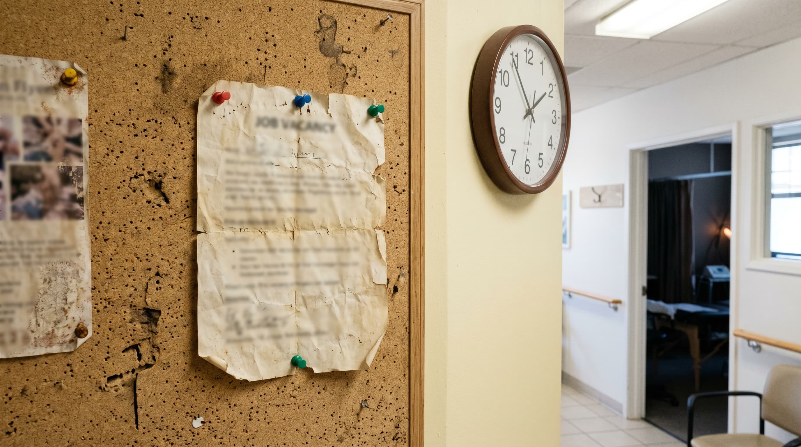 Verouderde vacature op een prikbord in een fysiotherapiepraktijk gang