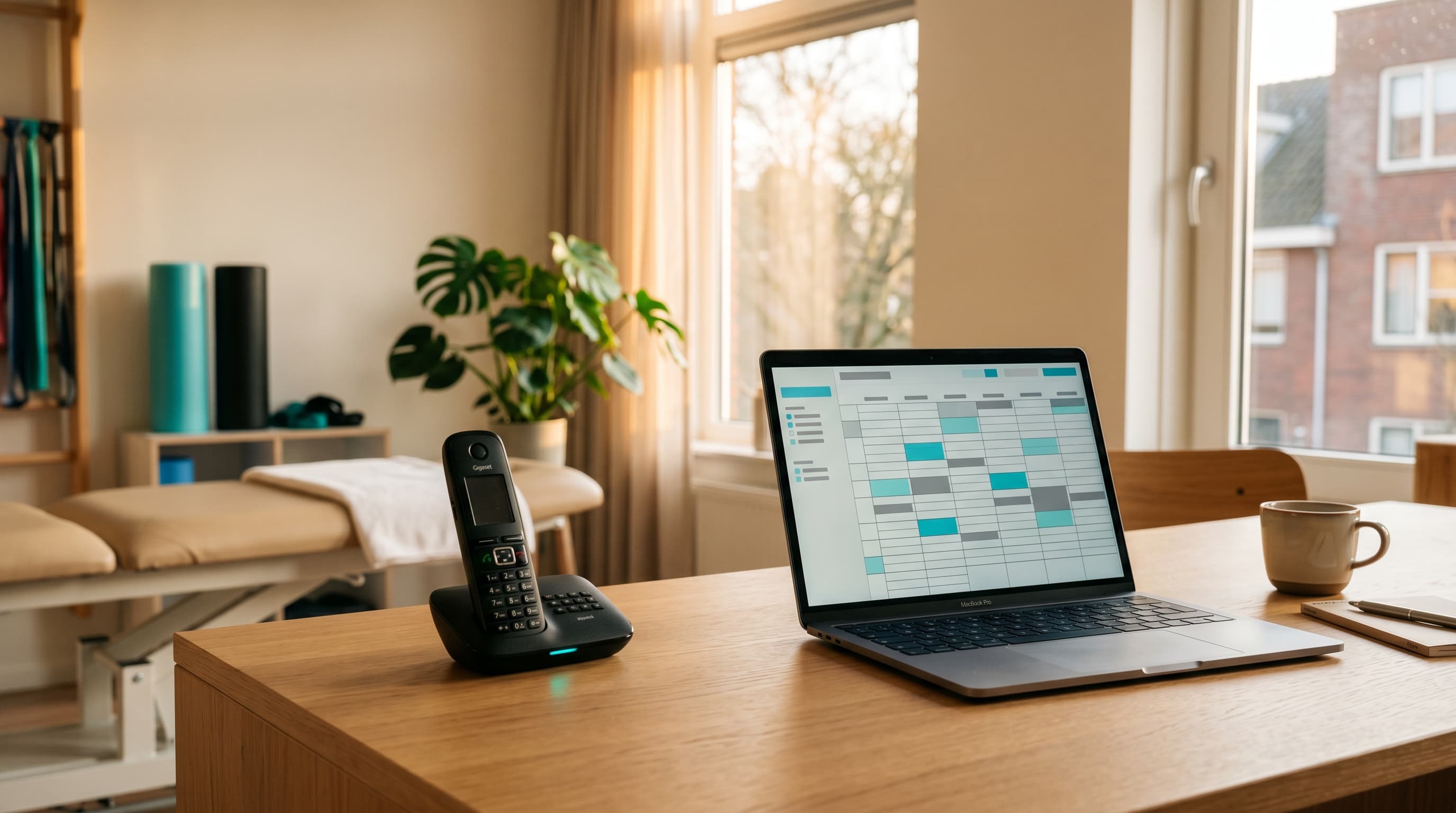 Laptop met planning-dashboard en bureautelefoon op een werkplek in een fysiotherapiepraktijk