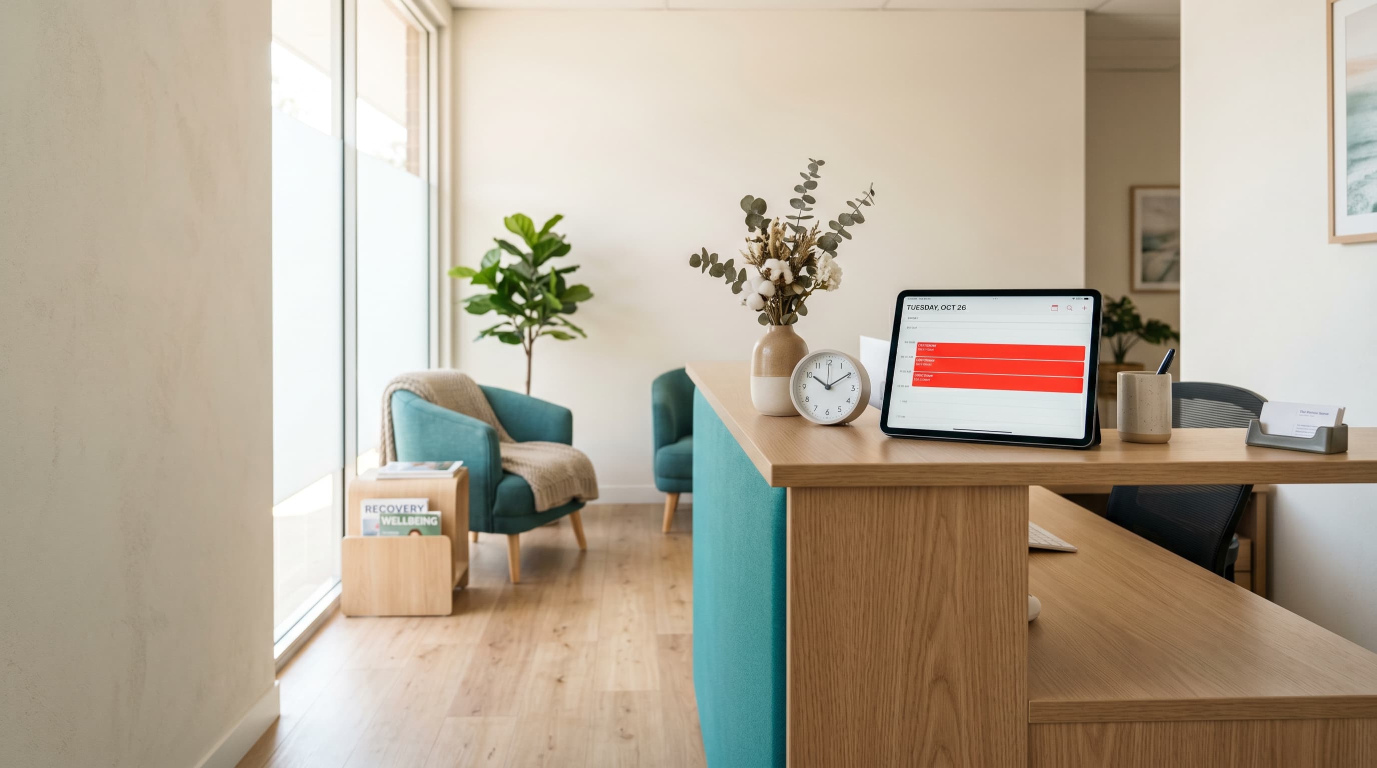 Receptiebalie met tablet vol gemiste afspraken in een fysiotherapiepraktijk