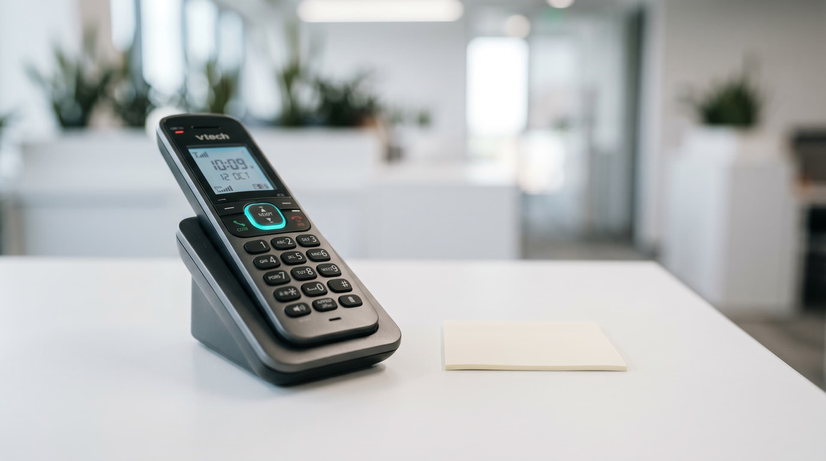 Moderne draadloze telefoon met teal LED-indicator op een wit bureau