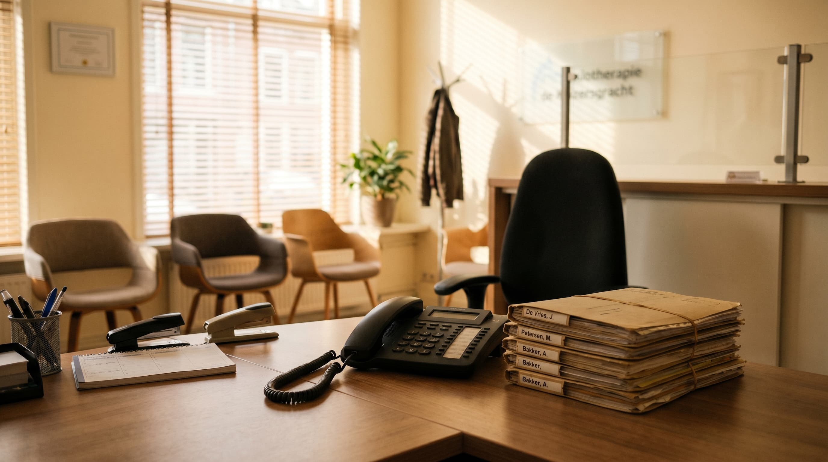 Lege receptiebalie bij een Nederlandse fysiotherapiepraktijk met telefoon en patiëntmappen