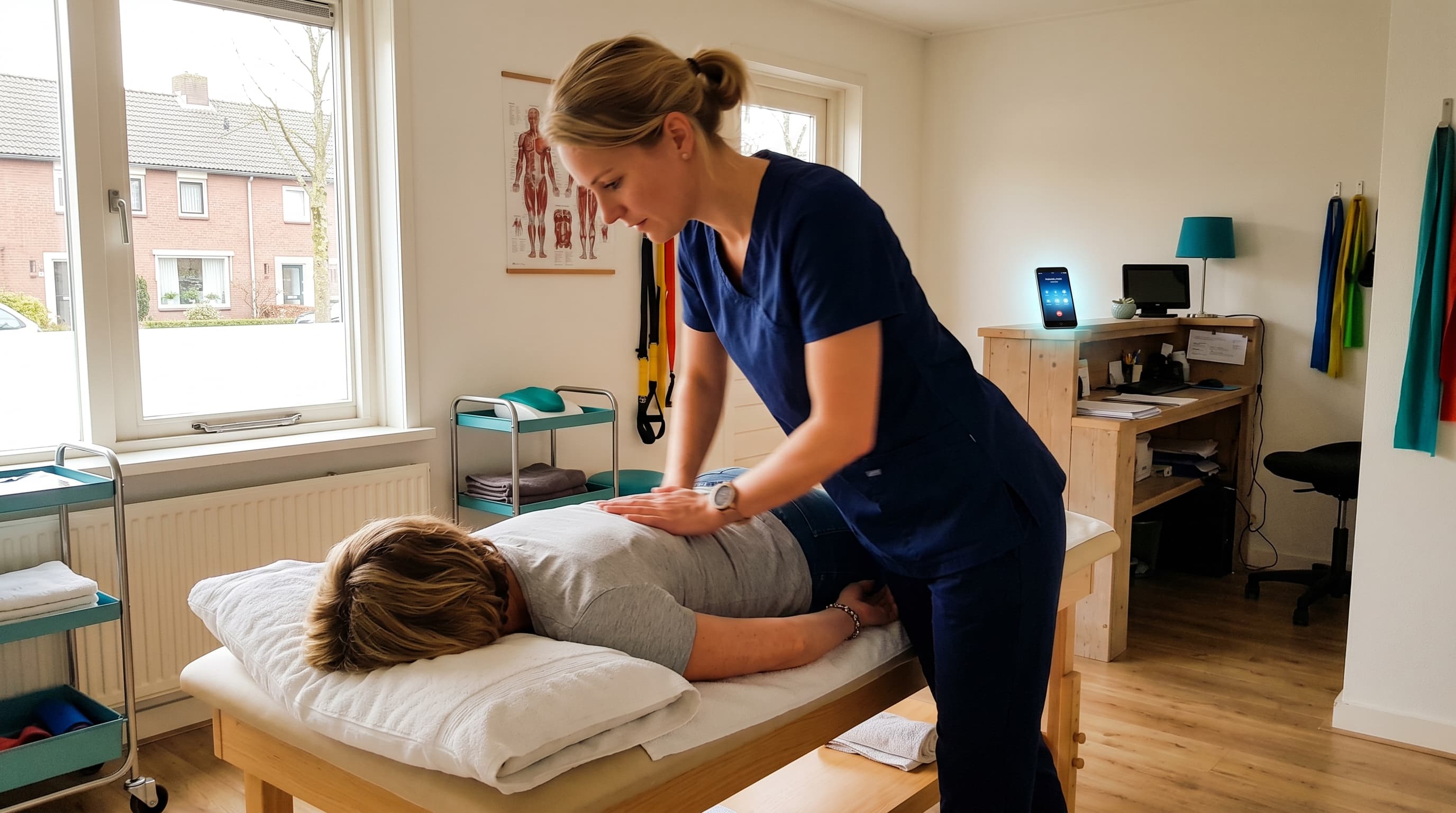 Fysiotherapeut behandelt patiënt terwijl de telefoon rinkelt op de achtergrond