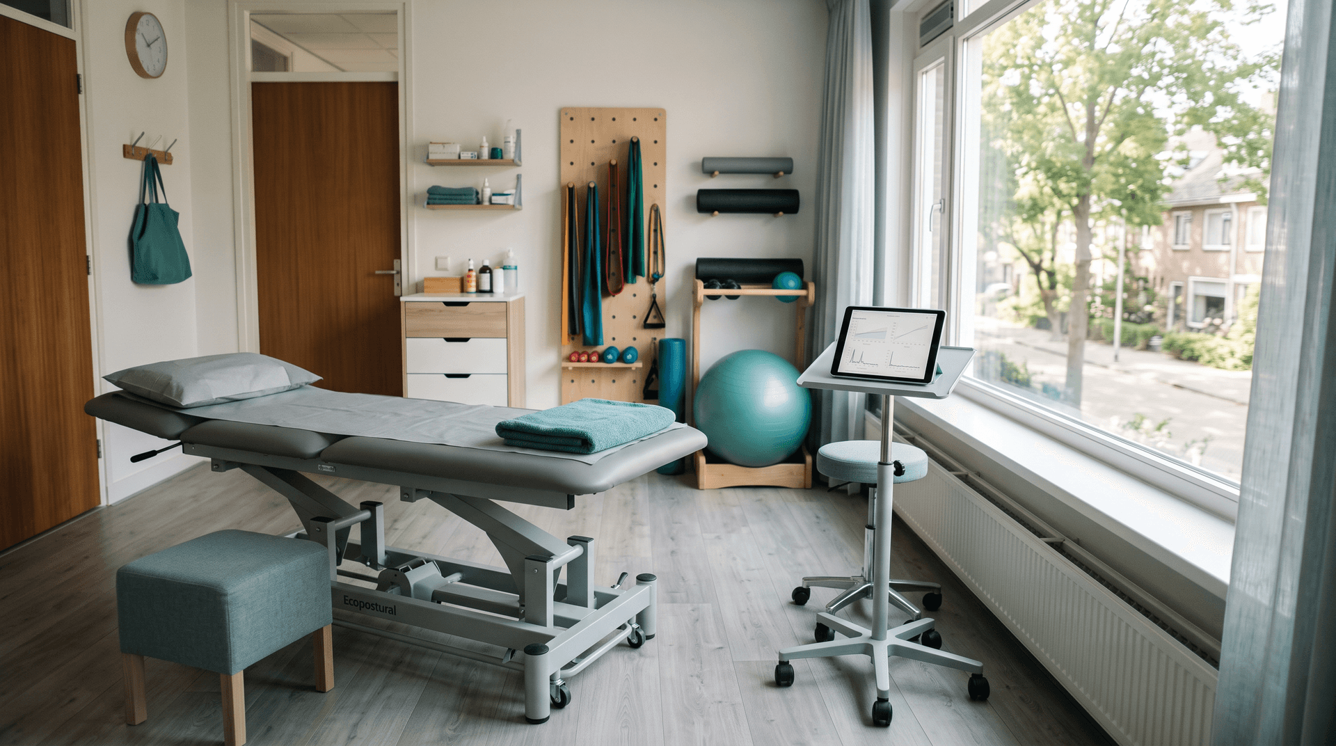 Rustige behandelkamer in een fysiotherapiepraktijk met een tablet op een verrijdbare standaard