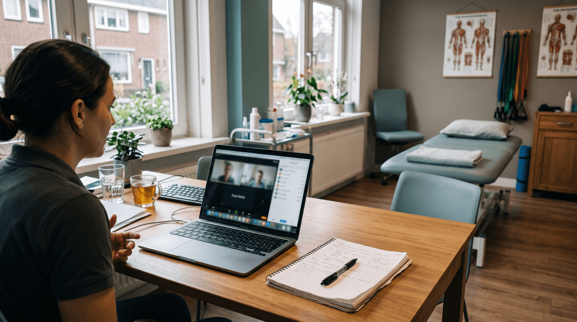 Laptop met videoconsult op een bureau in een fysiotherapiepraktijk, behandelkamer onscherp op de achtergrond