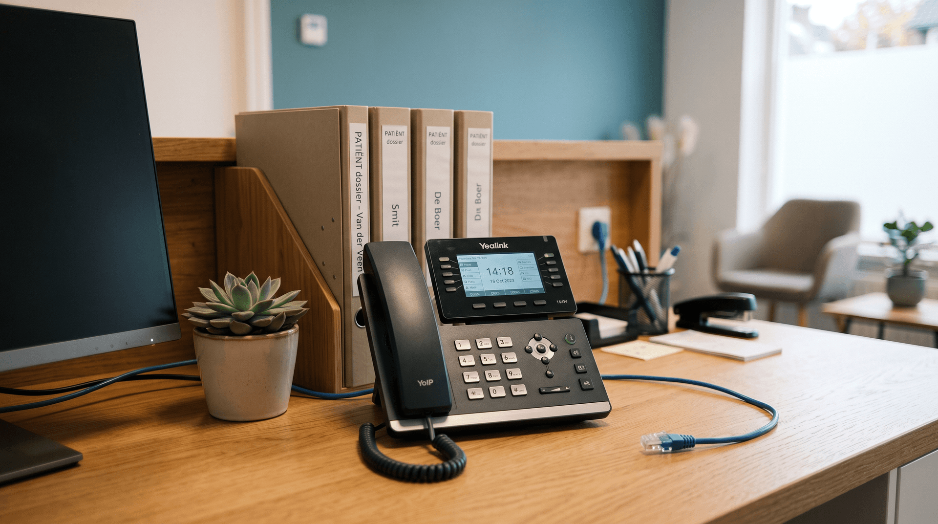 VoIP-toestel op de receptiebalie van een fysiotherapiepraktijk met netwerkkabel